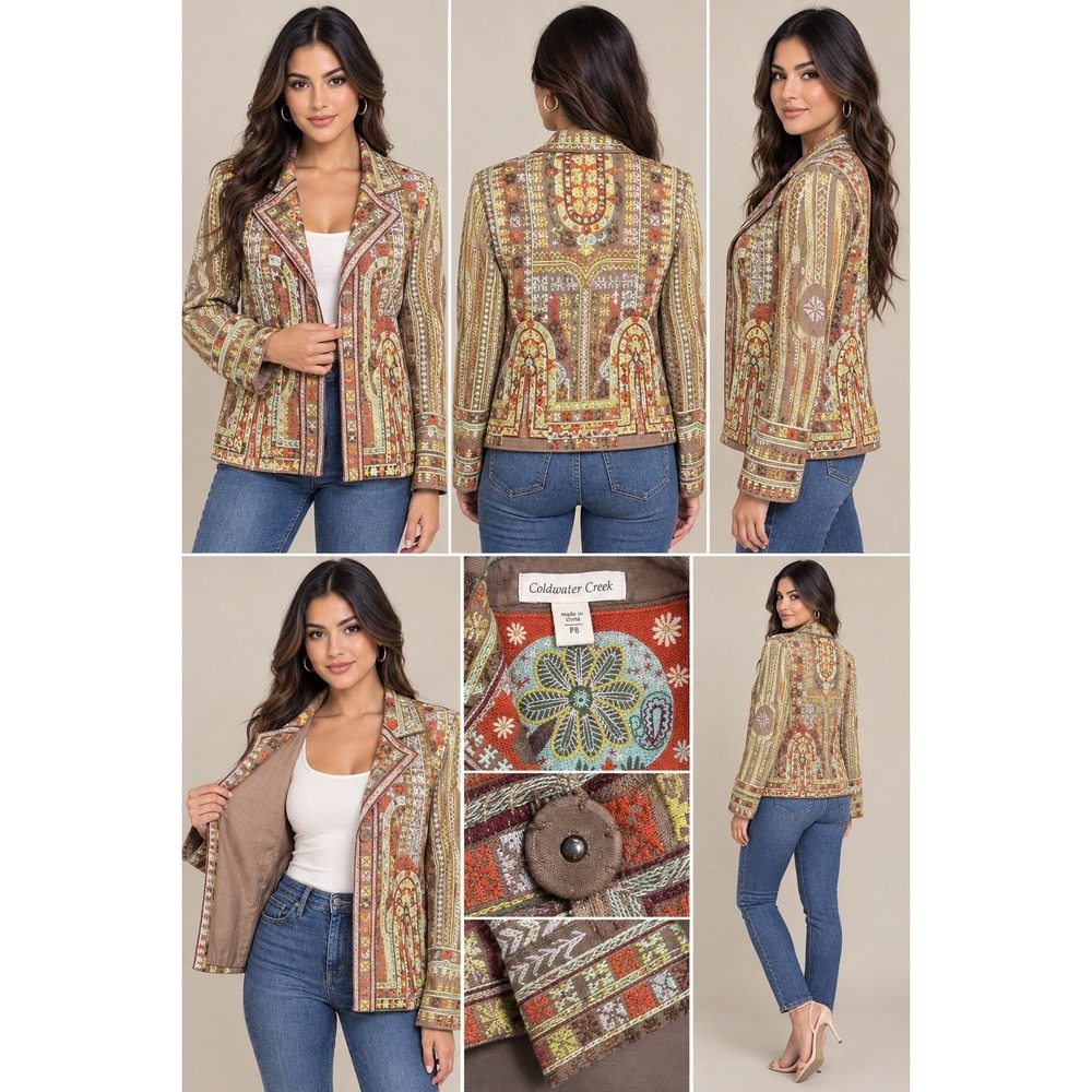 Vintage Coldwater Creek Fully Embroidered Aztec Blazer Cowgirl Boho Size P8